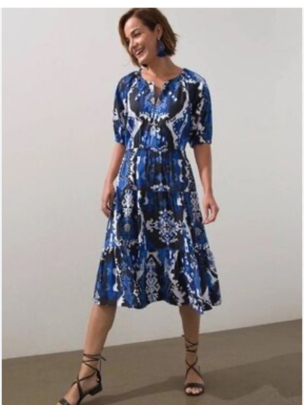 Chicos Ikat Puff Sleeve Smocked Tiered Midi Dress Navy White Sz L 14